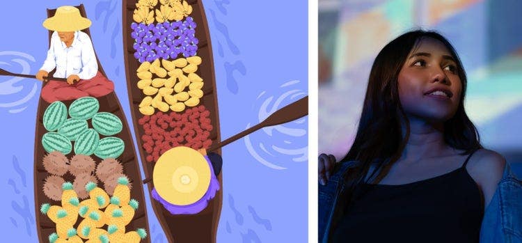 Left image: Diverse group of people standing together Right image: headshot courtesty of Biruoh.