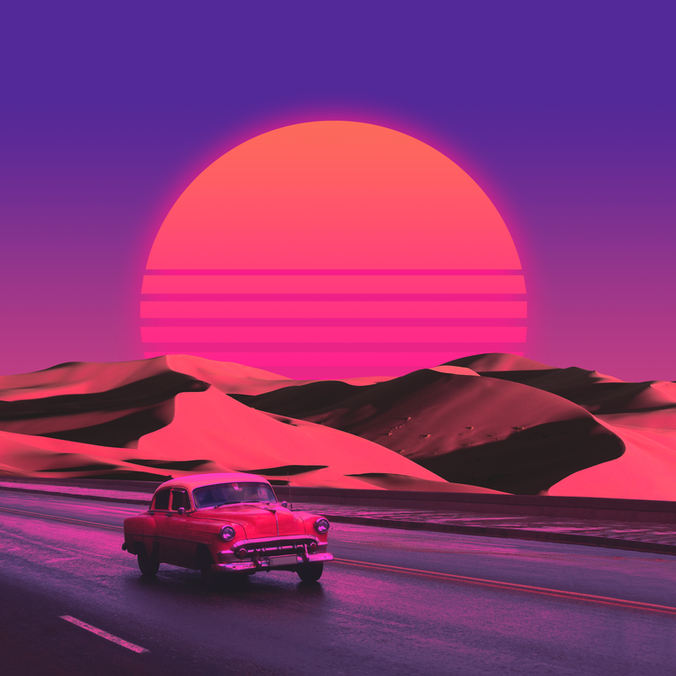 A car driving on a road with a sunset in the background Description automatically generated with low confidence