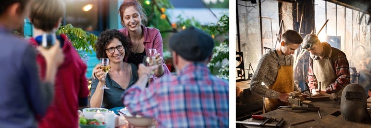 Left image: dinner with the family around a table in the garden. Right image: A craftsman in his workshop teaches his work to his apprentice.