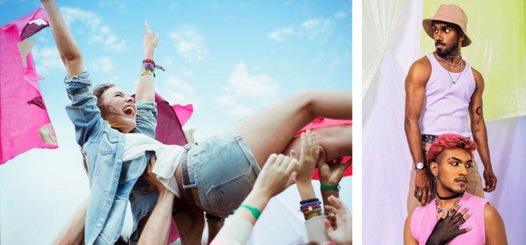 Enthusiastic woman crowd surfing at music festival; Malaysian Indian men posed in front of a cloth backdrop in a studio setting