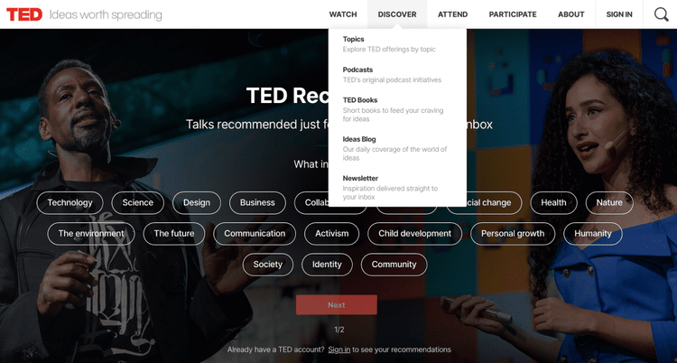 Ted Talks は、トップレベルのナビゲーションメニューアイテムを 7 つの提供し、マウスを置くと追加のオプションを明らかにします。