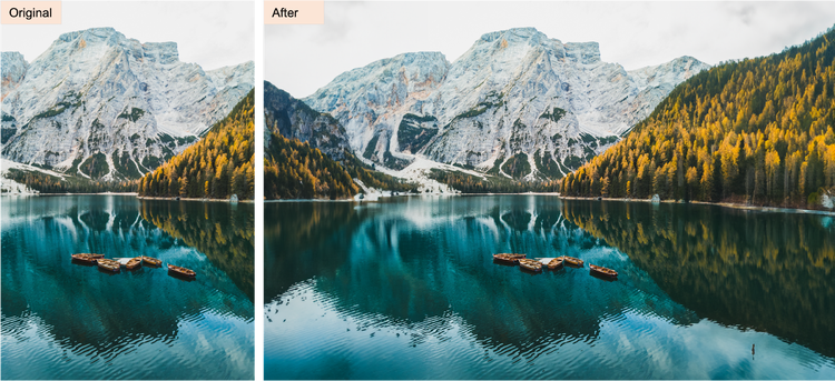 Photoshop 加工前と後の湖と山の画像。