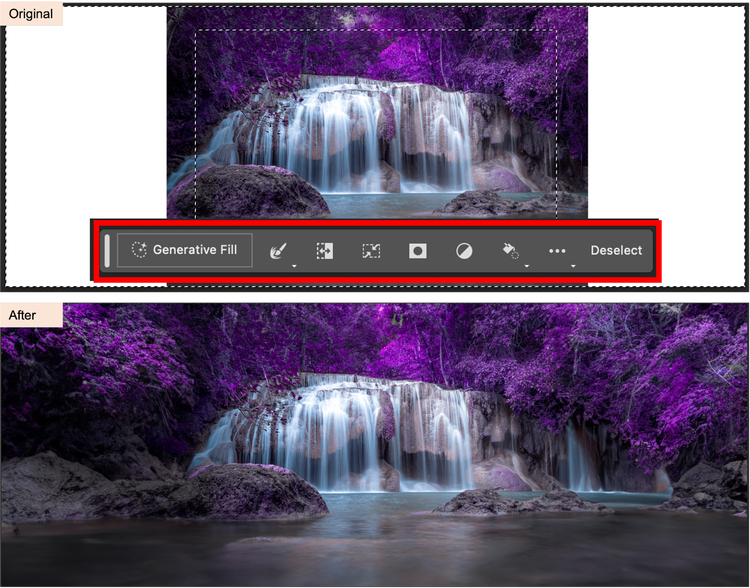 生成塗りつぶしを使用した滝の画像。