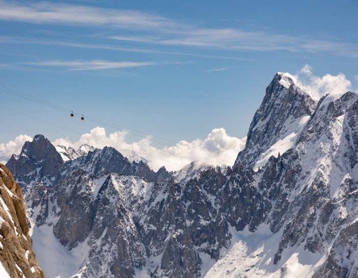 A group of people on a cable car in the mountains Description automatically generated