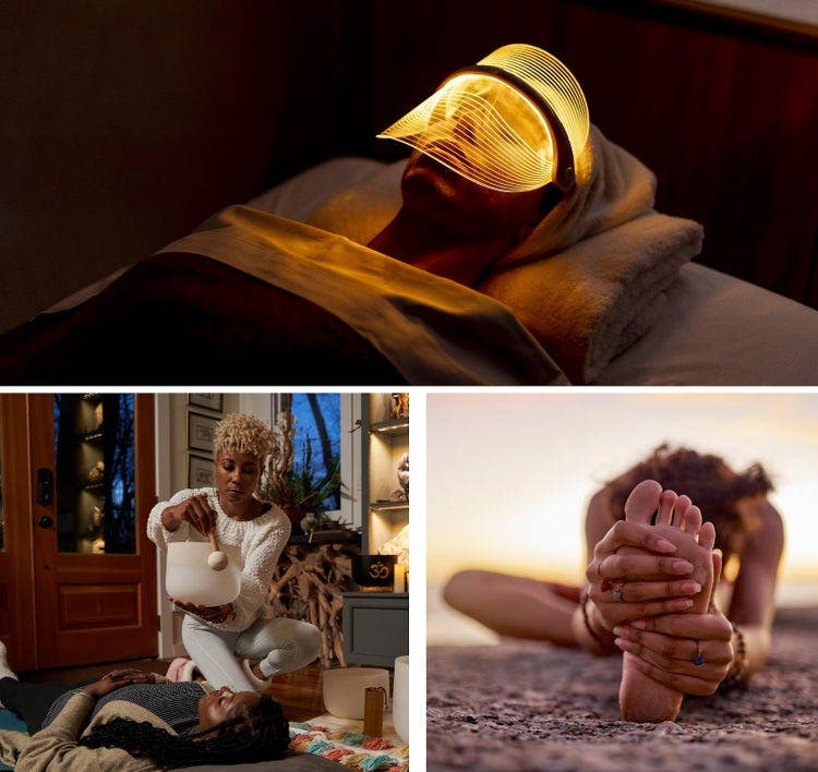 Young woman wearing yellow mask during rejuvenating treatment in dark at beauty spa, Woman does overhead sound bath, peaceful vibrations, Stretching, peace and feet of a woman on beach for yoga, training and exercise during sunset. Fitness, sand and legs of girl doing warm up before workout or pilates for wellness and relax by the sea