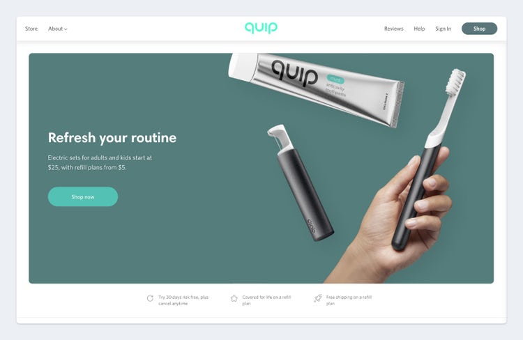 getquip のウェブサイトにおけるホワイトスペースの使用例。