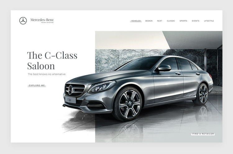 メルセデス C クラス のランディングページのデザインはグリッドレイアウトを使用しているが、注意を引くために車両はグリッドを無視している。
