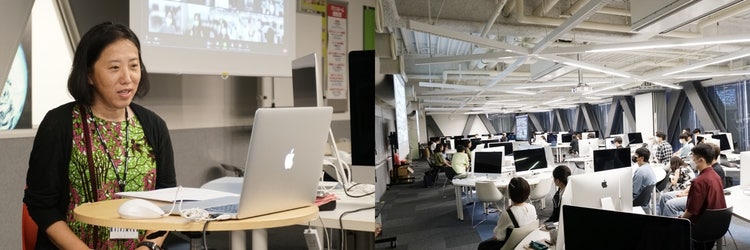 屋内, テーブル, 人, コンピュータ が含まれている画像 自動的に生成された説明