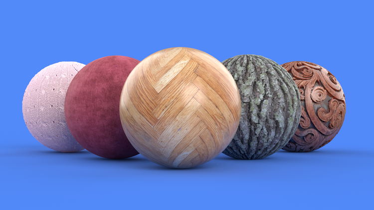 Substance 3D で作成した 5 つの異なる球体の画像。