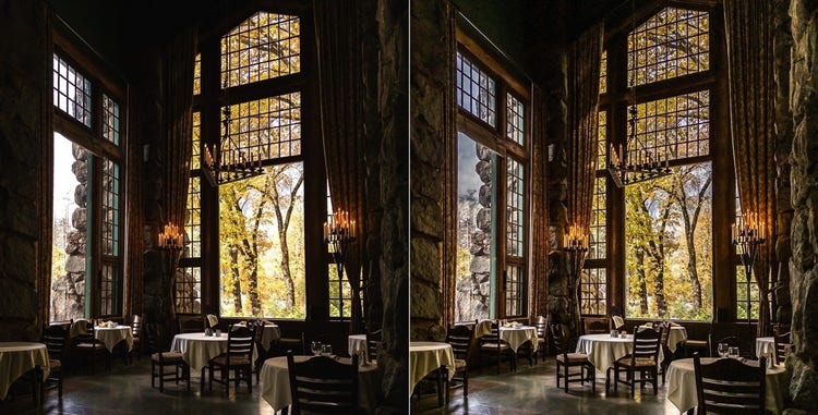 A collage of a room with tables and chairs