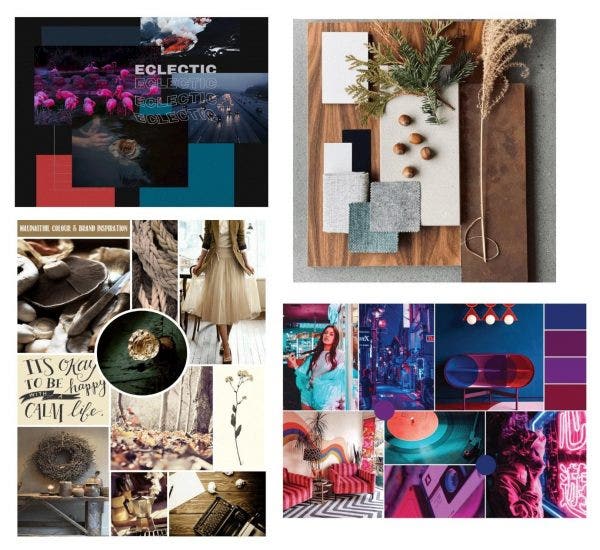 左から右へ - Eclectic mood board 出典: Elliot-Soul Green、Résidence Marlington⁠ 出典: design_societe、Personal project for brand inspiration 出典: Malina Ithil、Mood board created for a new brand 出典: Raina D'Souza。