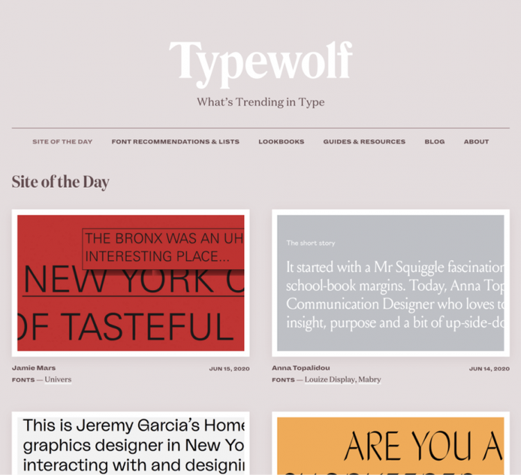 デザイナーは Typewolf で新しいフォントを探すことができます。