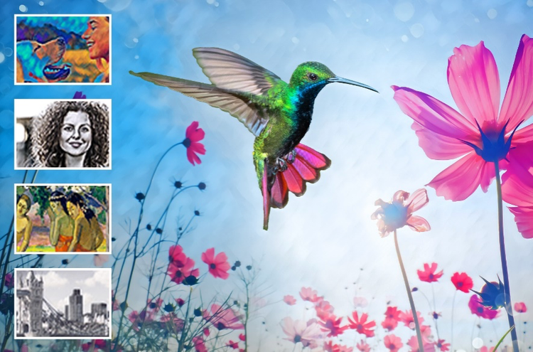 A hummingbird flying in the air with flowers Description automatically generated