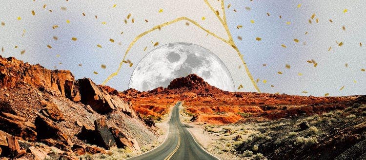 Collage with landscape elements and an empty road