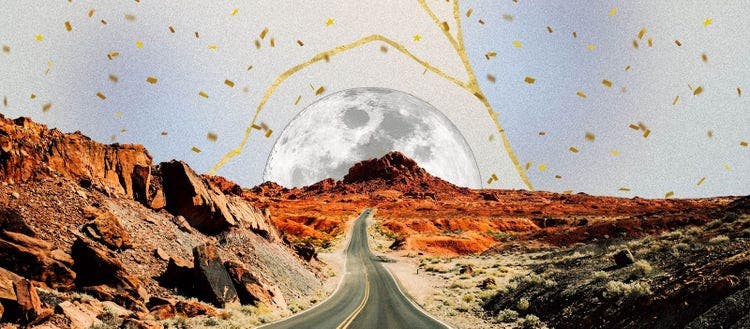 Collage with landscape elements and an empty road