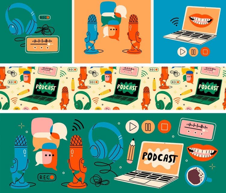 Image grid. Organic line art vector style, muted pop colors (blue, green, orange) illustrations. Top left: headphones, recorder. Top centre: two microphones converse. Top right: laptop screen shows smile. Video nav buttons. Centre banner: laptop shows "podcast" text, with creative recording icons surrounding. Repeats as pattern. Bottom banner: composite image with elements from above images on green.