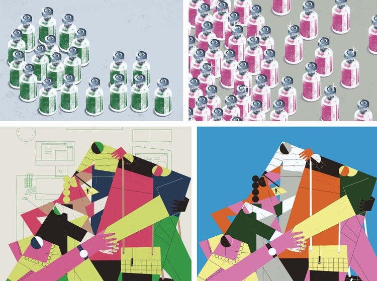 Image grid. Top left: illustrated green Covid-19 vaccine dose bottles create a snail shape, symbolizing slowness in vaccine production progress. Top right: illustrated crowd of pink Covid-19 vaccine dose bottles. Health and mass production concept. Bottom left and right: varying colour palettes of same image. Illustrated geometric vector art style. Celebrating diversity and inclusivity in teamworks at the office workplace by linking arms together.