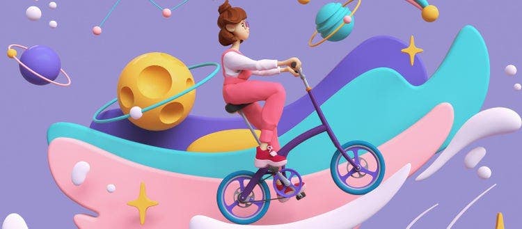 3D cartoon animation style illustration. Young girl rides child's bike in pink overalls. Stylized landscape with space elements.