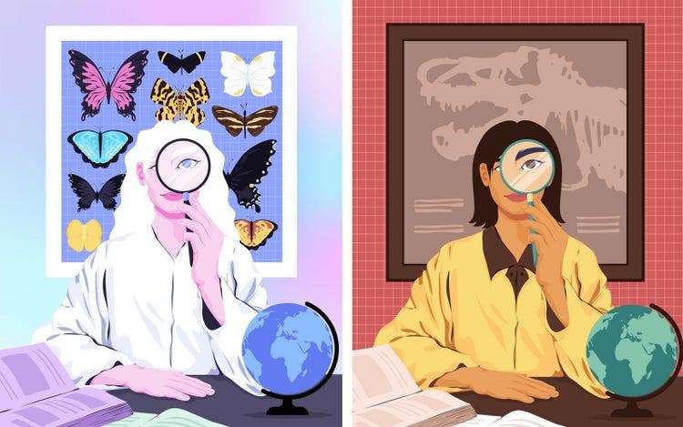 Image row (two). Women in same pose hold magnifying glass to face at desk with globe and papers, framed wall art behind them. Left: butterfly poster, light colours. Right: dark colours, dinosaur bones poster.