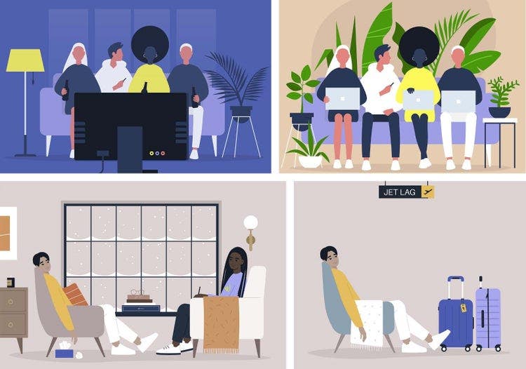 Image grid. Top left: illustrated flat vector style. Night scene: diverse friends watch TV in home. Top right: same as left but daytime office scene with plants and light colors. Friends in same pose. Bottom left and right: same art style. Man leans tiredly in chair in same pose in both images. Left: sad winter therapist office scene with snowy window. Right: tired airport scene with luggage under sign "jet lag".