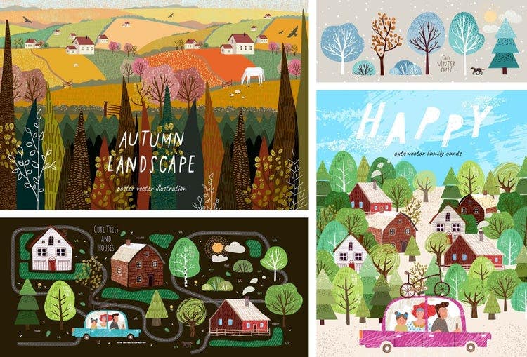 Image grid, rustic organic vectors style illustrations, children's book aesthetic. Small white font on images describe scenes. Top left: "autumn landscape poster vector illustration". Top right: "cute winter trees". Bottom left: "cute trees and houses". Bottom right: "happy cute vector family cards"; family drives through neighbourhood.