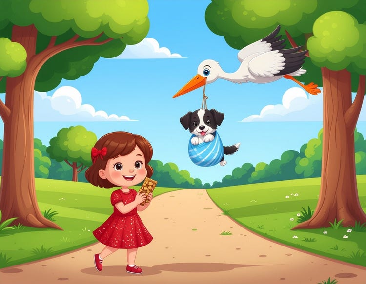 Image of a girl and a puppy being carried by a bird created using Adobe Firefly. , Picture