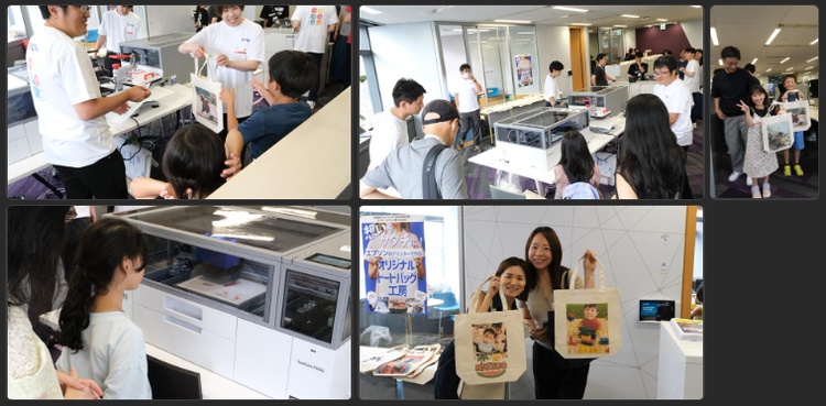 業務用プリンターを使い、参加者がオリジナルトートバッグを制作しているコラボレーションブースの様子