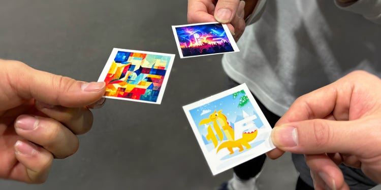 3人の来場者が手にしたステッカー。カラフルな抽象画、ネオンの宇宙、可愛いキリンと恐竜。テイストは三者三様