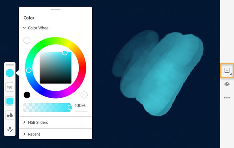 Color wheel on left shows cyan selected, digital watercolor brush strokes on the right