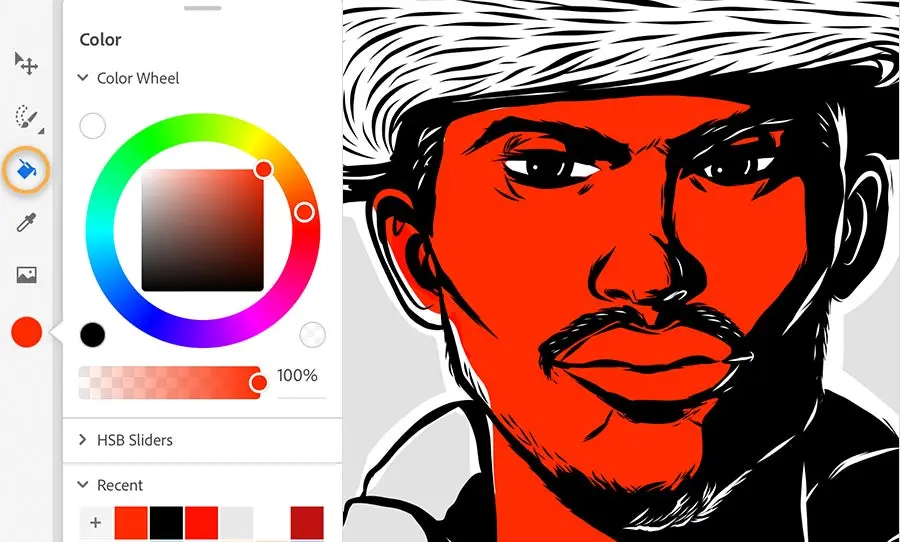 Color palette shows red is selected, the same red fills the man’s face in the digital painting 