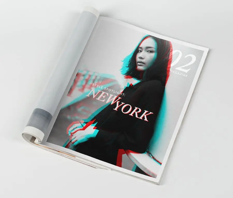 Image of model with color split effect is placed in a fashion magazine placeholder