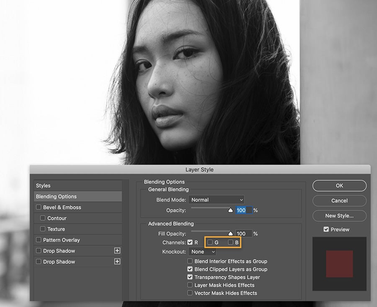Black and white photo of model with Layer Styles dialog open showing the Green and Blue color channels turned off