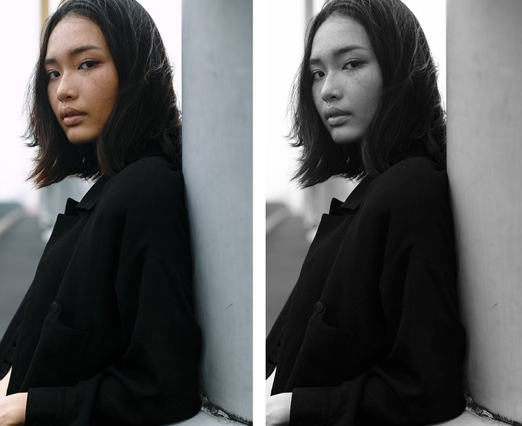 Side-by-side versions, color and black and white, of model leaning against a wall
