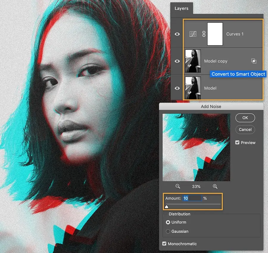 Photo zoomed in on model’s face, Layers panel shows Curves adjustment layer, and Add Noise dialog shows amount set to 10%