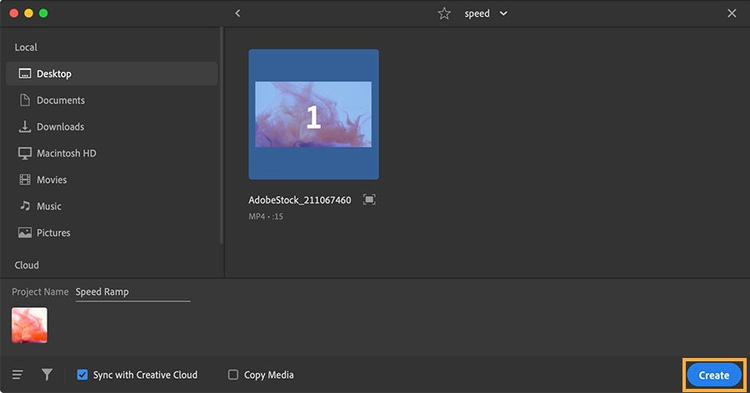 Video editor create project screen open with selected clip and Create button highlighted 