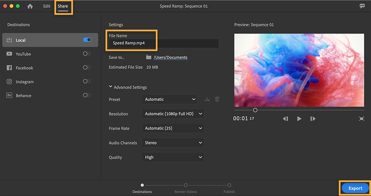 Share screen in Adobe Premiere Rush shows export settings set to save .mp4 to local machine