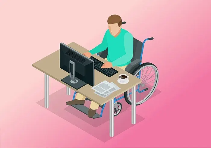 휠체어를 탄 사람이 컴퓨터로 일하는 모습