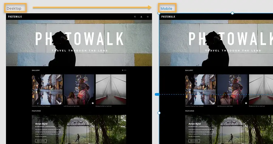 Two artboards show the same Photowalk web design asset; the first is named ‘desktop’ second one is named to ‘mobile’