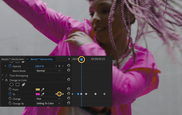 Timeline shows 6 keyframes for the To color property, the playhead is on the 3rd keyframe, the dancer’s jacket is fuchsia 