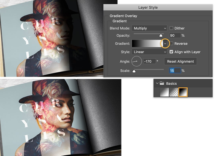 image shows dark shadow in seam, bottom has shadow shifted to the right, Layer Style panel shows black & white gradient