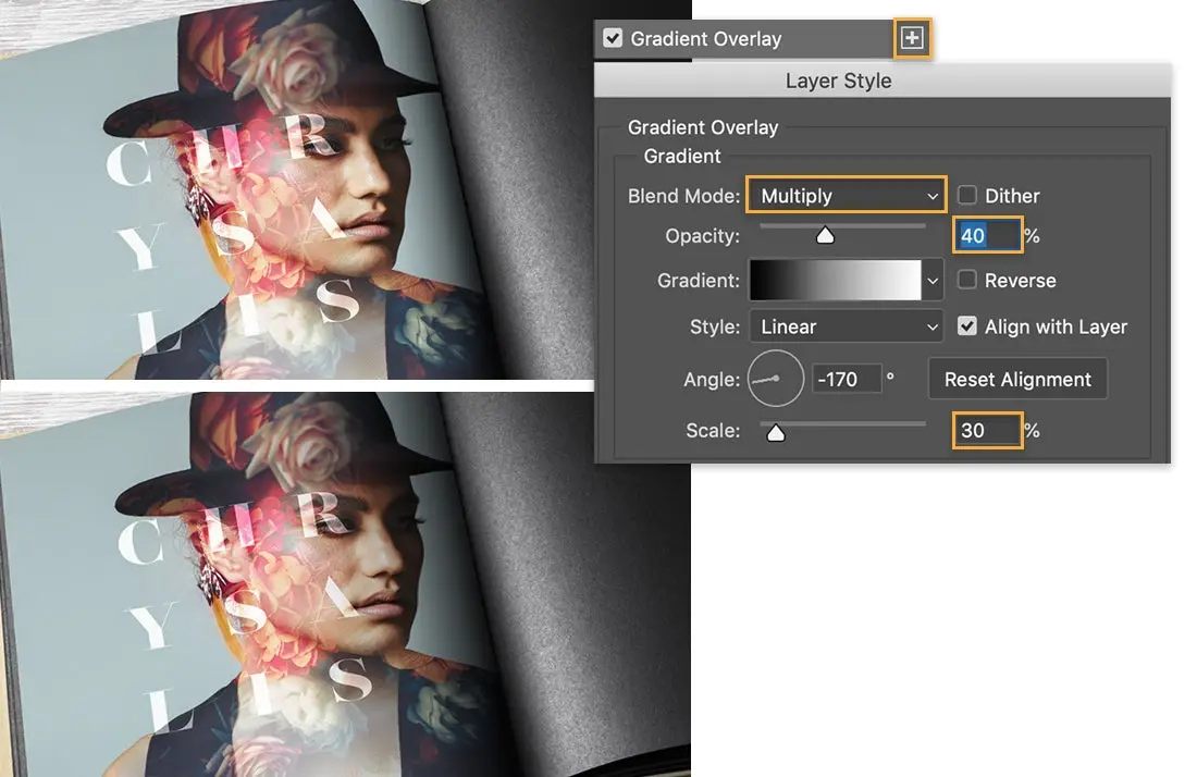 Top image shows dark shadow in seam, bottom has lighter shadow, Layer Style panel shows Blend Mode is Multiply