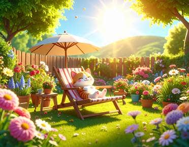 Illustration of garden with a chibi cat lounging in sun.