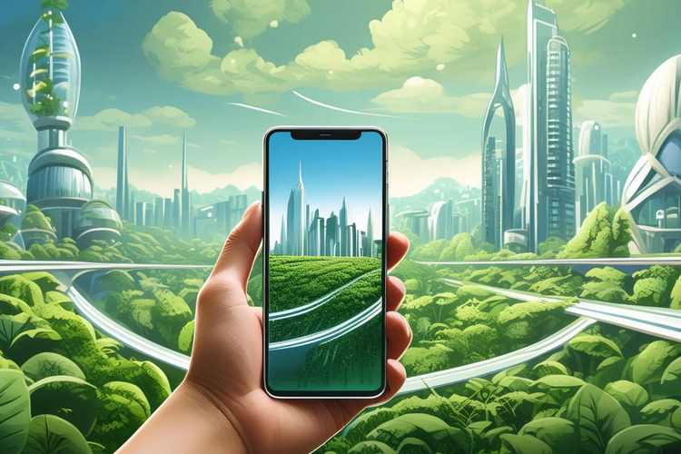 Image of a phone with a cityscape in the background.